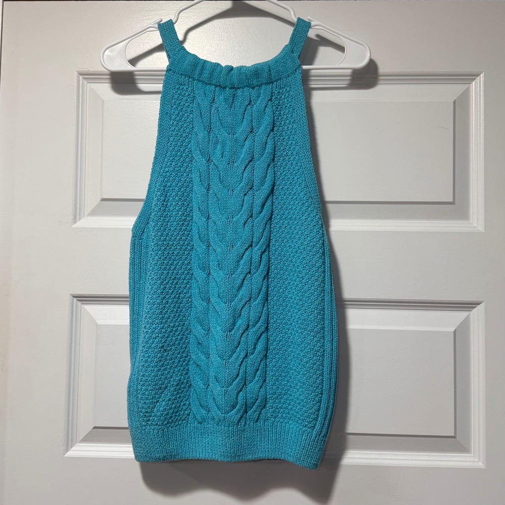 Pilcro Anthropologie Cable Knit Halter Sweater Tank Top Blue Turquoise Large - Picture 4 of 7